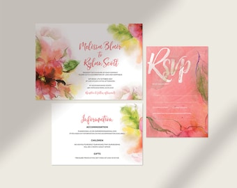 Pink Watercolor Floral Wedding Invitation Template Kit, Hand Painted Wedding Invitation, Printable Invites, Instant Download