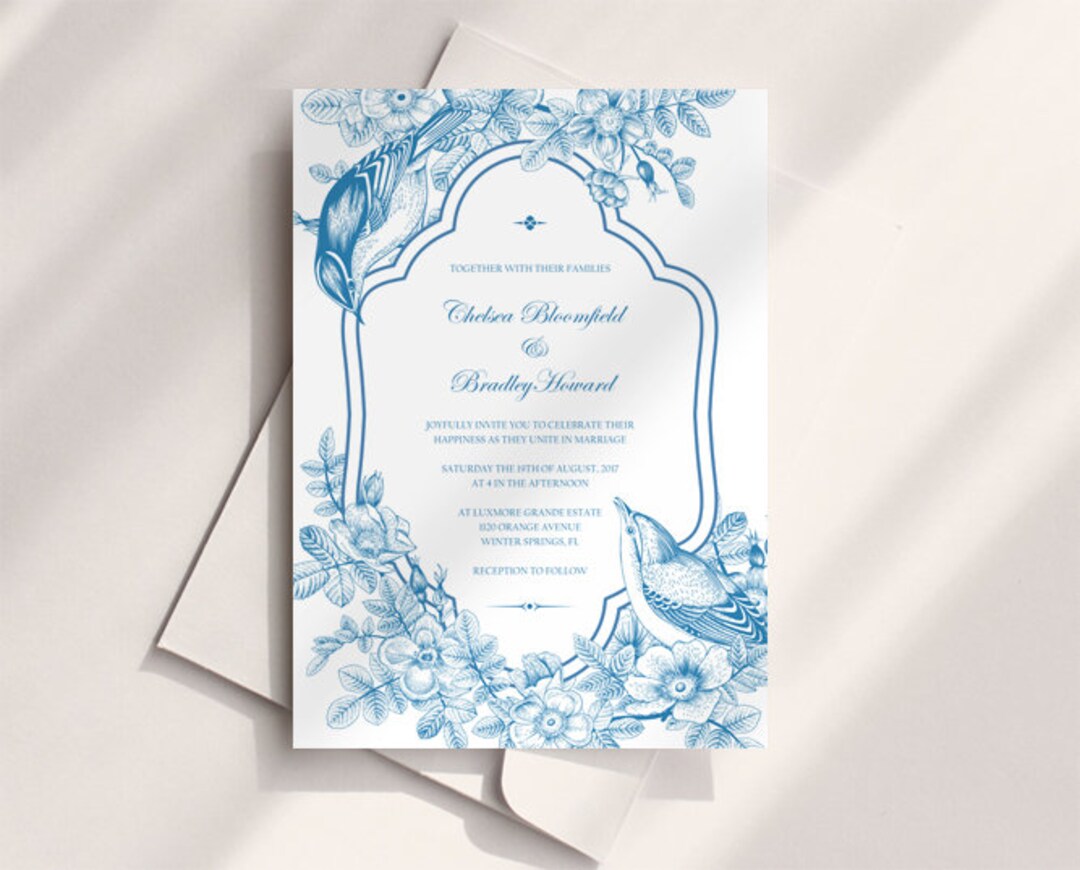 Royal Blue Wedding Invitation Template, Vintage Invitation With RSVP ...