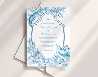 Royal Blue Wedding Invitation Template, Vintage Invitation with RSVP, Printable Template, Love Birds Wedding Invite Instant Download