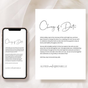 Wijzig de datumkaartsjabloon, bewaar onze nieuwe datumkaart, aankondigingskaart voor uitstel van de bruiloft, annulering van de bruiloft, uitgestelde kaarten online