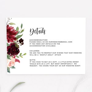 Modèle de carte de détails de mariage de Bourgogne, carte de détail floral d'aquarelle, carte de clôture, carte d'information de mariage, souhaitant bien, insertion d'invitation A2