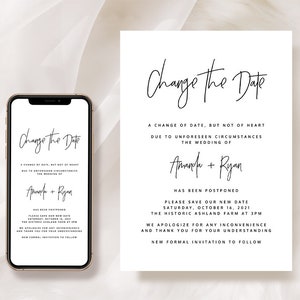 Bewaar onze nieuwe datumkaartsjabloon, wijzig de datumkaart, aankondigingskaart voor uitstel van het huwelijk, annulering van het huwelijk 5x7 en mobiele e-card