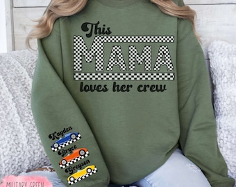 Personalized Names on Sleeve Race Mama Sweatshirt Racing Mama Custom Sleeve Kids Names Crewneck Drag Racing Pullover Mom Gift Checkered Flag