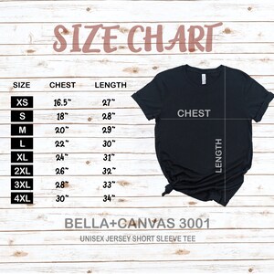 May include: Size chart for a unisex jersey short sleeve tee. The chart shows sizes XS through 4XL with corresponding chest and length measurements in inches.