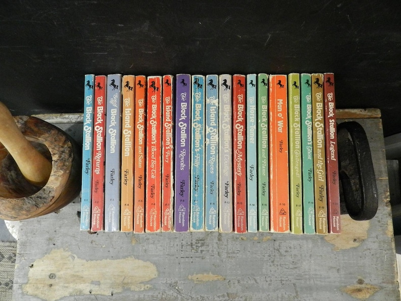 May include: A collection of vintage paperback books from the "Black Stallion" series by Walter Farley. The spines are colorful, with titles like "The Black Stallion Returns" and "Man o' War". The books are arranged on a wooden surface.