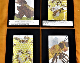 May include: Four framed illustrations depicting a story about a honeybee and a bear. The illustrations are made of paper and fabric and feature a honeycomb, bees, and a bear. The text below each illustration tells the story of the honeybee and the bear.