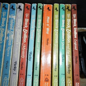 May include: A collection of vintage "Black Stallion" books by Walter Farley. The spines are in various colors, including blue, red, orange, and green, with black horse silhouettes. Titles include "Man o' War" and "The Black Stallion Legend."