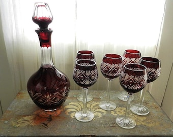 ANTIQUE Bohemian Style RUBY GLASS Decanter/6 Stemware/Hand etched/Deep Cut