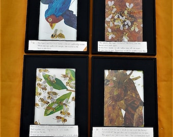 May include: Four framed illustrations depicting scenes from a children's book about a honeybee. The first image shows a blue honeybee flying towards a flower. The second image shows a hive of bees inside a hollow tree. The third image shows a honeybee and a butterfly dancing in the sky. The fourth image shows a bear trying to reach the honey inside the tree.