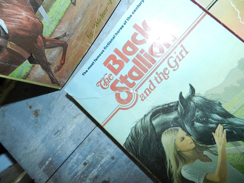 May include: Vintage book cover featuring a black horse and a girl, with the title "The Black Stallion and the Girl." The cover has a light blue background with red and white text. The image also shows a brown horse.