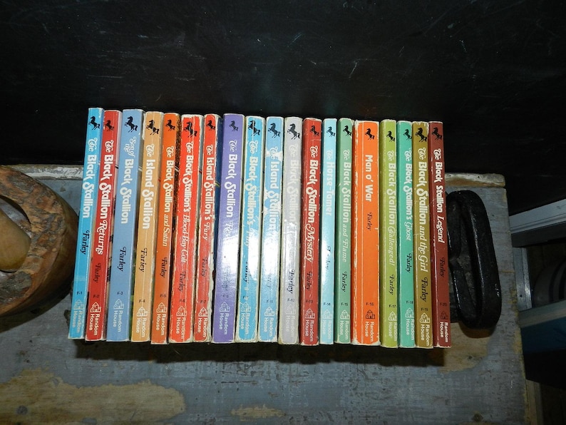 May include: A collection of vintage children's books, featuring titles from the "Black Stallion" and "Island Stallion" series by Walter Farley. The books have colorful spines, including blue, orange, and green, and are arranged in a row.