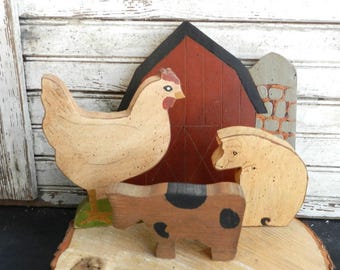 CONJUNTO DE GRANJA ESTILO PRIMITIVO/ CORRAL DE MADERA PINTADO A MANO/PINO VERM0NT/4 piezas