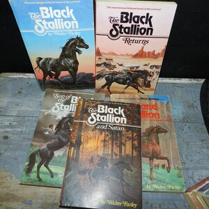 May include: A collection of vintage paperback books featuring the title "The Black Stallion" by Walter Farley. The covers showcase illustrations of horses in various settings, with titles like "Returns" and "and Satan".