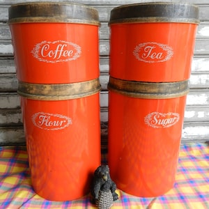 Vintage metalen Burlington busset verbrand oranje klaproos kleur faux hout kunststof deksels fruit thema ontwerp/4 stuk jaren 1970