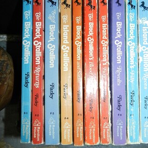 May include: A collection of vintage "The Black Stallion" book series by Walter Farley. The spines are various colors, including blue, red, orange, and purple, with black horse illustrations. The books are published by Random House.