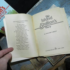 May include: Open book titled "The Island Stallion's Fury" by Walter Farley. The book is part of "The Black Stallion Series." Other books are visible in the background, including "Black Stallion's Blood Bay Colt."