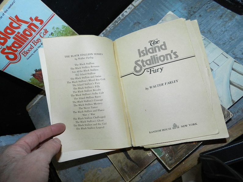 May include: Open book titled "The Island Stallion's Fury" by Walter Farley. The book is part of "The Black Stallion Series." Other books are visible in the background, including "Black Stallion's Blood Bay Colt."