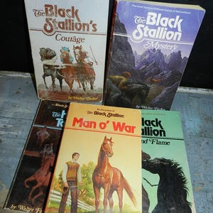 May include: A collection of vintage paperback books featuring "The Black Stallion" series by Walter Farley. The covers display illustrations of horses and riders, with titles like "Courage," "Mystery," and "Man o' War."