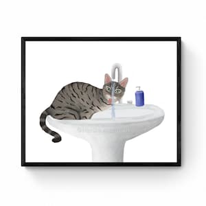 Gray Tabby Cat Drinking From Sink Print, Gray Tabby Cat Drinking Water, Bathroom Wall Art, Cat Illustration, Home Decor, Cat Memorial