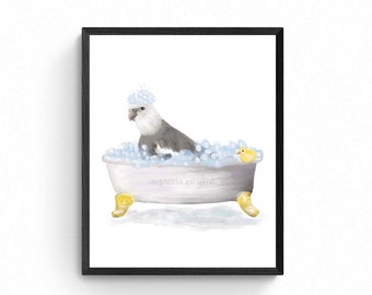 White Faced Cockatiel Bathing Print, Parrot In Bathtub, Bathroom Wall Art, Cockatiel Memorial, Bird Relaxing In Bath Print, Bird Mom Dad