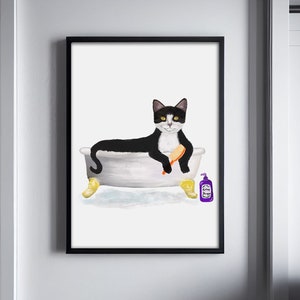 Tuxedo Cat Bathing Print, Black and White Cat In Bathtub, Bathroom Art, Bathroom Cat Painting, Cat Relaxing In Bath Print, Cat Lover Gift