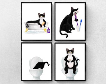 Set of 4 Tuxedo Cat Bathroom Wall Art, Bathroom Wall Decor Set, Cute Black and White Cat In Bath Art, Cat On Toilet Print, Cat Lover Gift