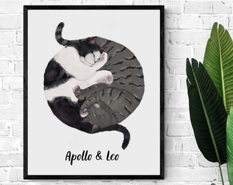 Customized Sleeping Tuxedo And Gray Tabby Cat Print, Custom Cuddling Cats, Cat Illustration, Home Decor, Lazy Cat Painting, Pet Loss Gift