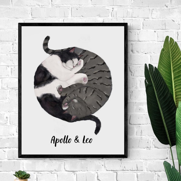 Customized Sleeping Tuxedo And Gray Tabby Cat Print, Custom Cuddling Cats, Cat Illustration, Home Decor, Lazy Cat Painting, Pet Loss Gift