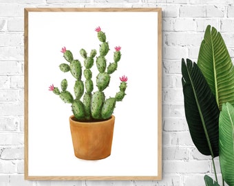 Cactus in Pot Art Print, Botanical Wall Art, Succulent Illustration, Dining Room Art, Cactus with Flowers, Farmhouse Decor, Gallery Wall Art