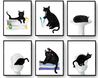 Set of 6 Black Cat Bathroom Wall Art, Bathroom Wall Decor Set, Cute Black Cat In Bath Artwork, Cat On Toilet Print, Cat Lover Gift