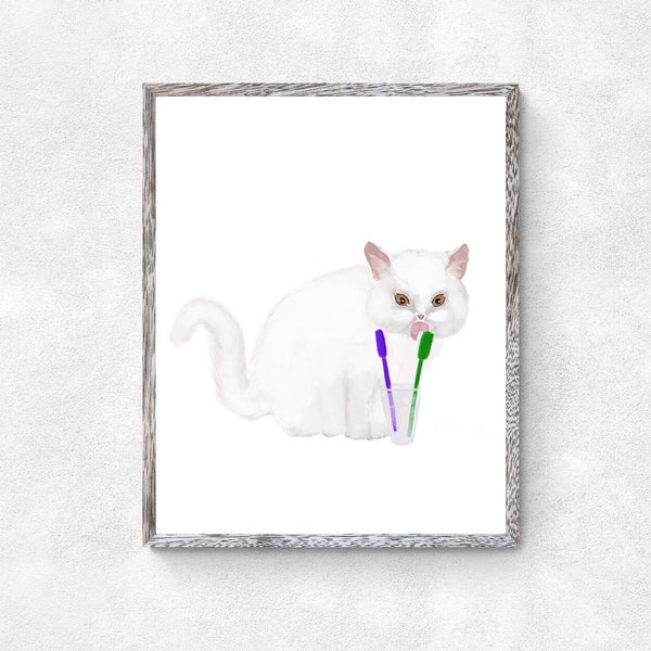 White Cat Brushing Teeth Print, White Cat in Bathroom Print, Long Hair White Cat Art, Cat Illustration, Home Decor, Fluffy Cat Painting