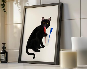 Black Cat Brushing Teeth, Black Cat Licking Toothbrush, Bathroom Art, Bathroom Cat Painting, Cat In Bath Print, Cat Lover Gift