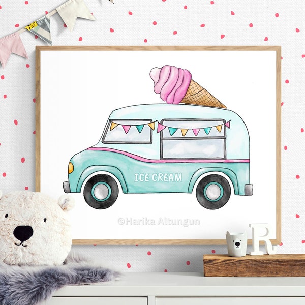 Vintage Ice Cream Truck Print, Ice Cream Painting, Original Nursery Art, Cute Nursery Print, Kids Wall Art, Boys Room Gift, Baby Shower Gift