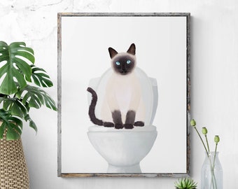 Siamese Cat On Toilet Print, Siamese Cat On Toilet Bathroom Artwork, Bathroom Cat Painting, Funny Cat Print, Cat Lover Gift, Cat Mom Gift