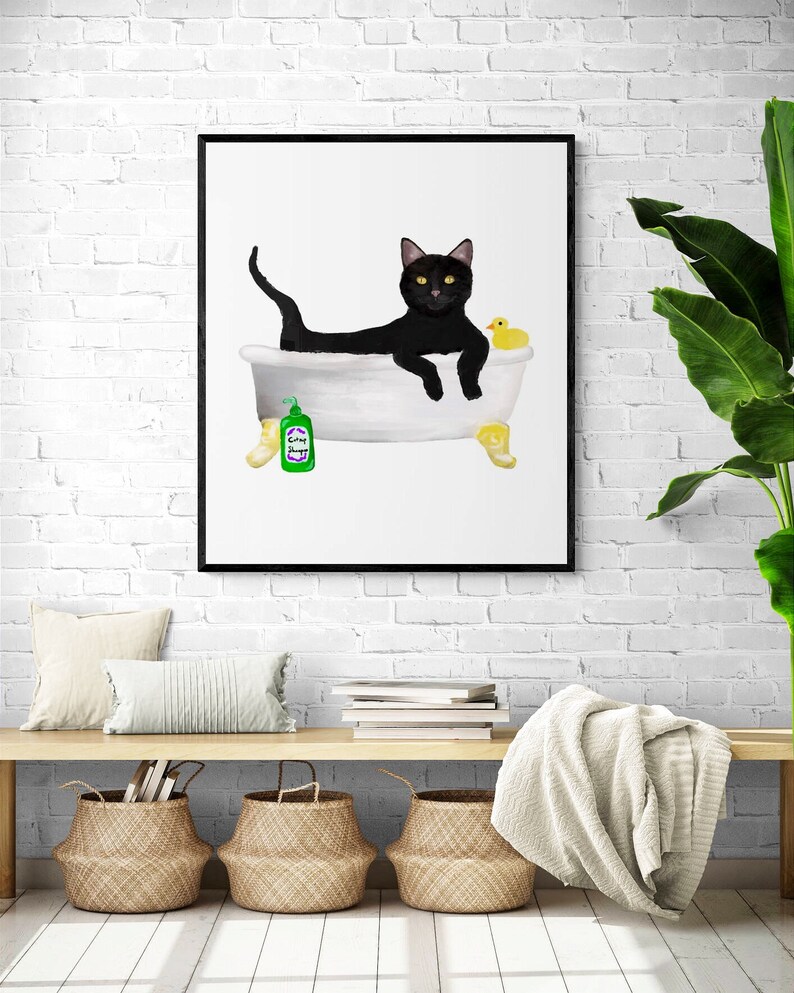 Black Cat Bathing Print Black Cat in Bathtub Bathroom Art - Etsy