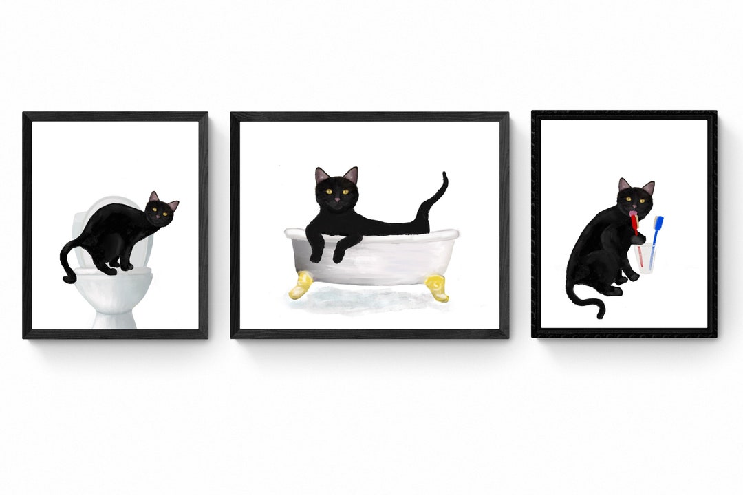 Set of 3 Black Cat Bathroom Wall Art, Bathroom Wall Decor Set, Cute