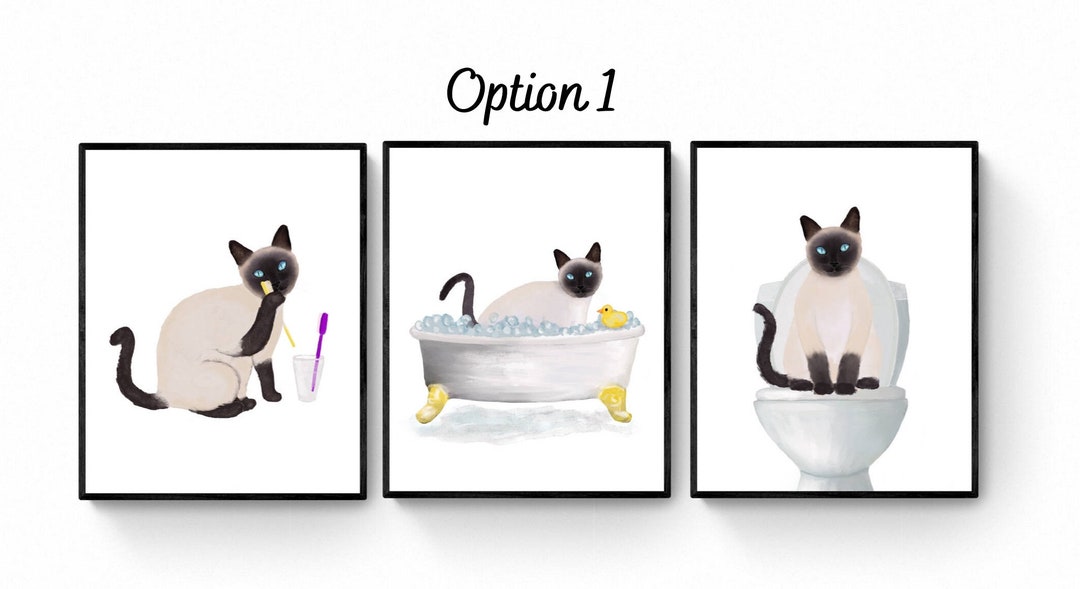 Siamese Cat Bathroom Art Set of 3, Bathroom Wall Decor Set, Cute Black ...