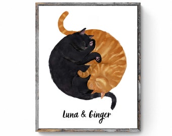Customized Sleeping Black And  Orange Tabby Cat Print, Custom Cuddling Ginger and Black Cat, Cat Illustration, Home Decor, Lazy Cat Painting