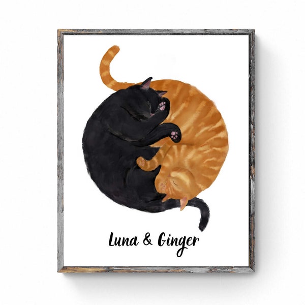 Customized Sleeping Black And  Orange Tabby Cat Print, Custom Cuddling Ginger and Black Cat, Cat Illustration, Home Decor, Lazy Cat Painting