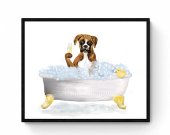 Brown Boxer Dog In Tub Print, Bathing Boxer Print, Bathroom Dog Painting, Doggy Relaxing In Bath Print, Boxer Lover Gift, Dog Mom Dad Gift