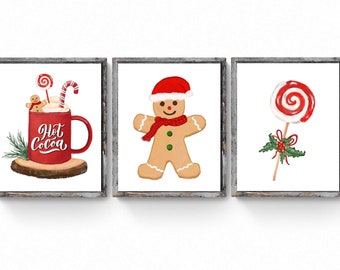 Set of 3 Christmas Prints, Hot Cocoa Painting, Winter Decor, Living Room Home Art, Holiday Wall Art, Chocolate Illustration, Cozy Wall Gift