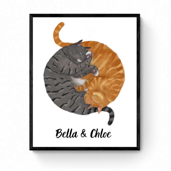 Customized Sleeping Orange And Gray Tabby Cat Print, Custom Cuddling Cats, Cat Illustration, Home Decor, Lazy Cat Painting, Pet Loss Gift