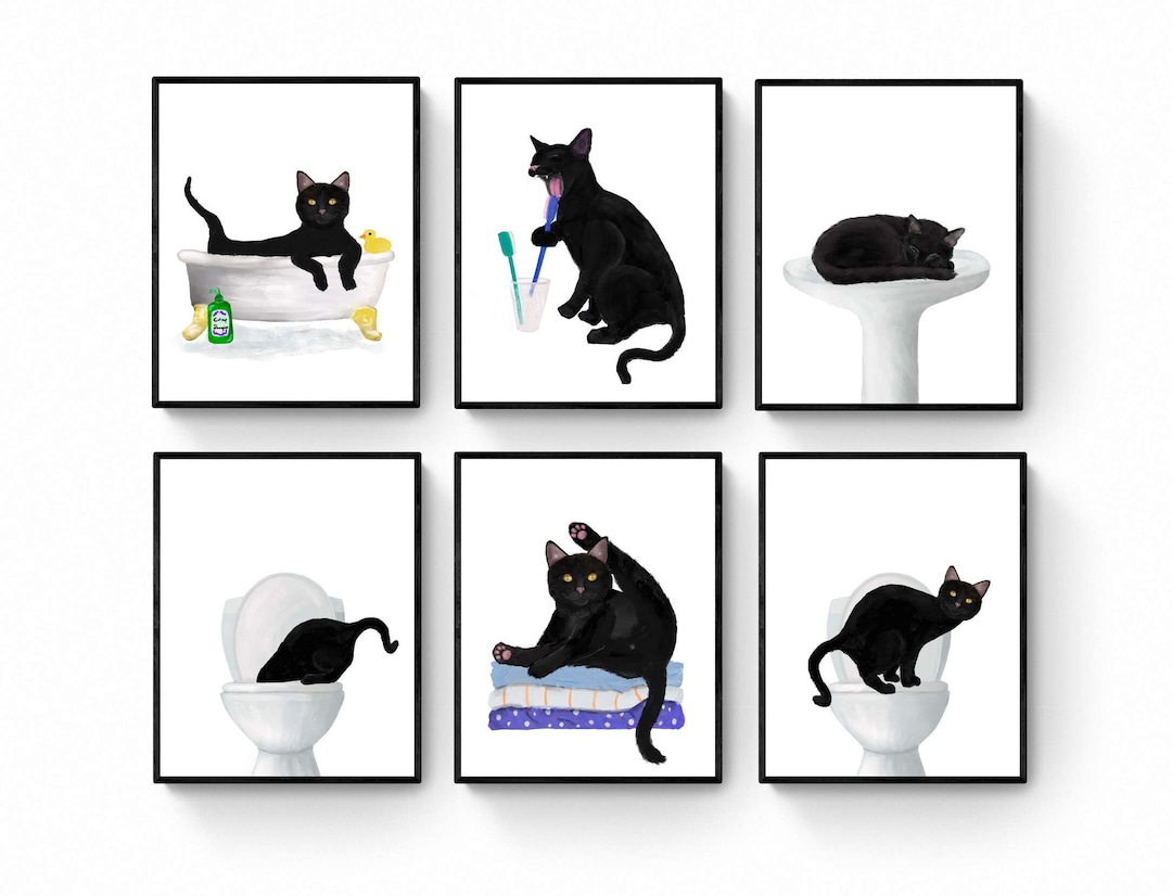 Set of 6 Black Cat Bathroom Wall Art, Bathroom Wall Decor Set, Cute Black Cat in Bath Artwork