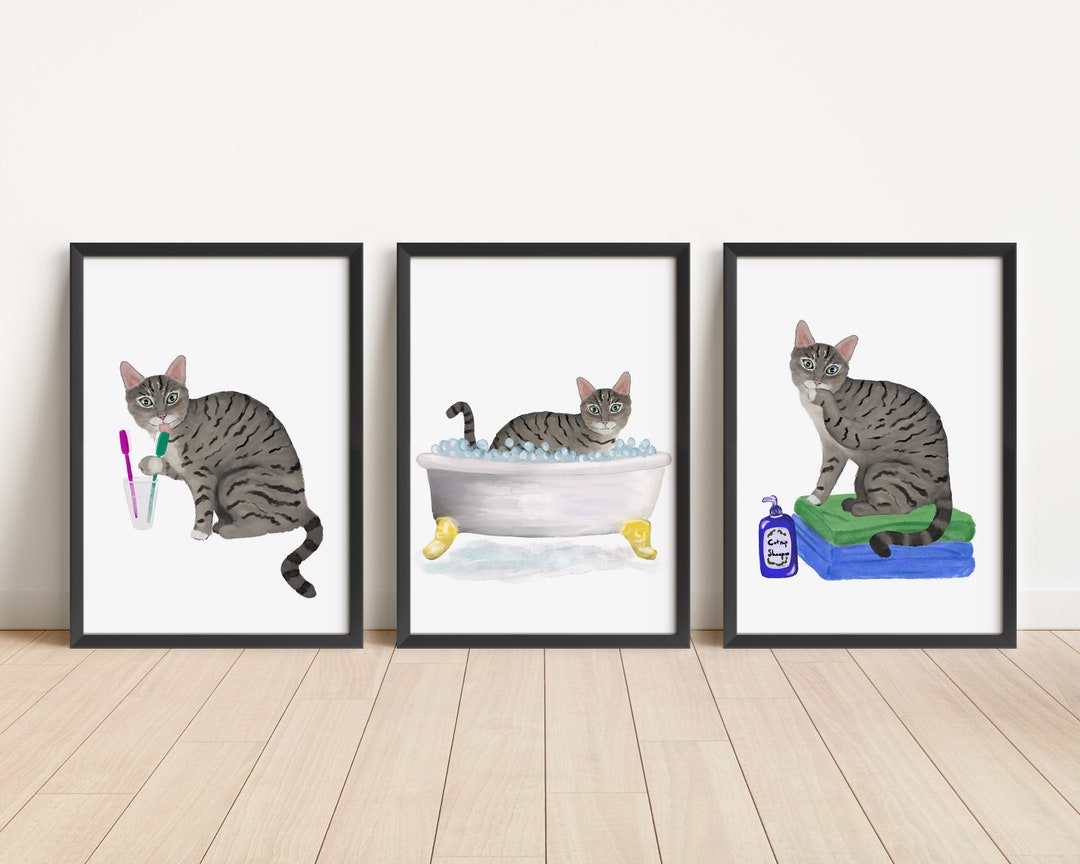 Gray Tabby Cat Bathroom Print Set, Tabby Cat on Toilet, Bathroom Art ...