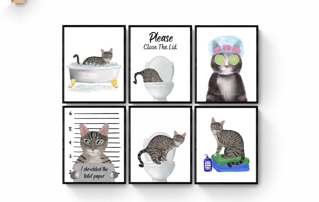 Set of 6 Gray Tabby Cat Bathroom Wall Art, Bathroom Wall Decor Set