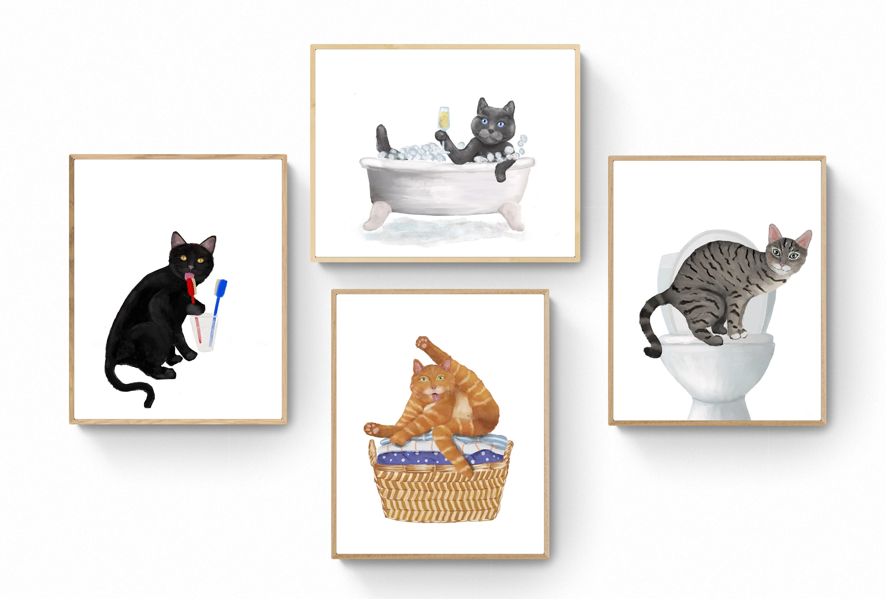 Set of 4 Cats in Bathroom Wall Art Bathroom Wall Decor Set - Etsy