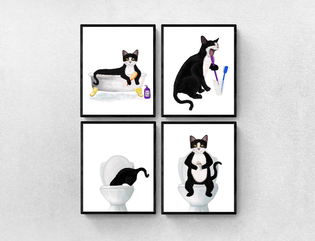 Set of 4 Tuxedo Cat Bathroom Wall Art, Bathroom Wall Decor Set, Cute ...
