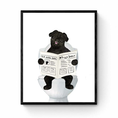 Cute Black Pug On Toilet Print, Dog Sitting on Toilet Artwork, Bathroom Dog Painting, Dog Reading Newspaper Print, Pug Lover Gift