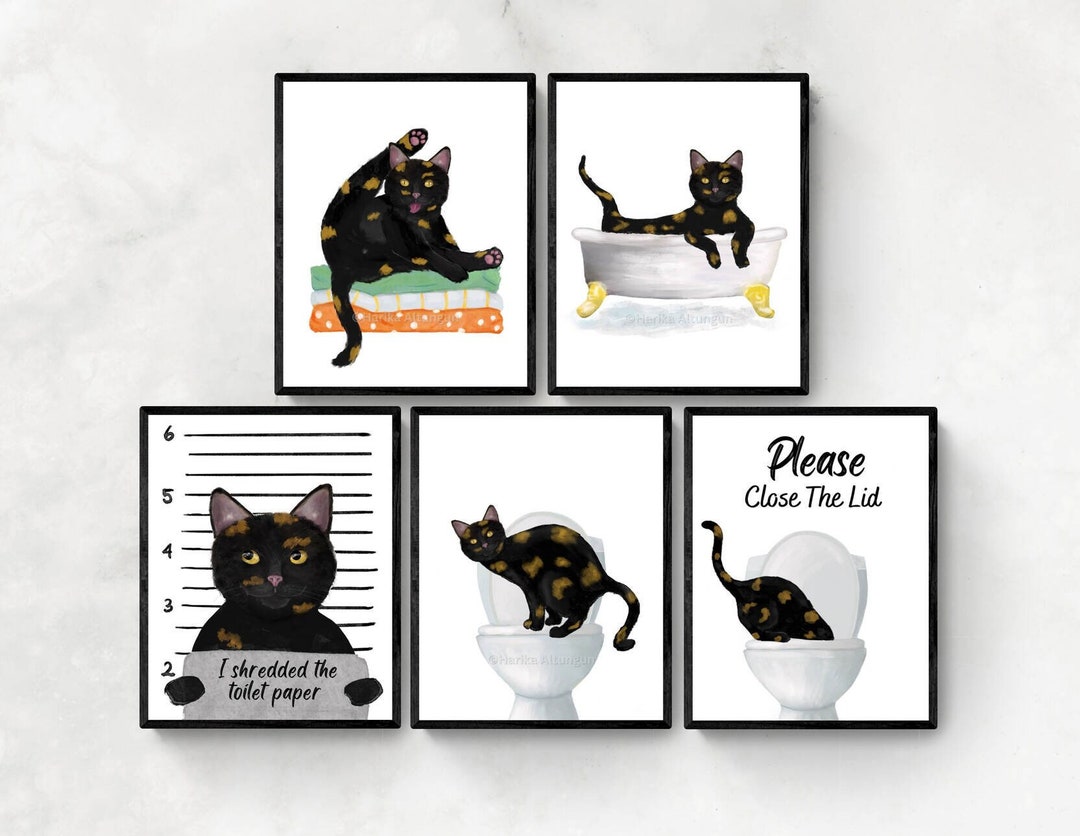 Set of 5 Tortie Cat Bathroom Wall Art, Bathroom Wall Decor Set, Cute