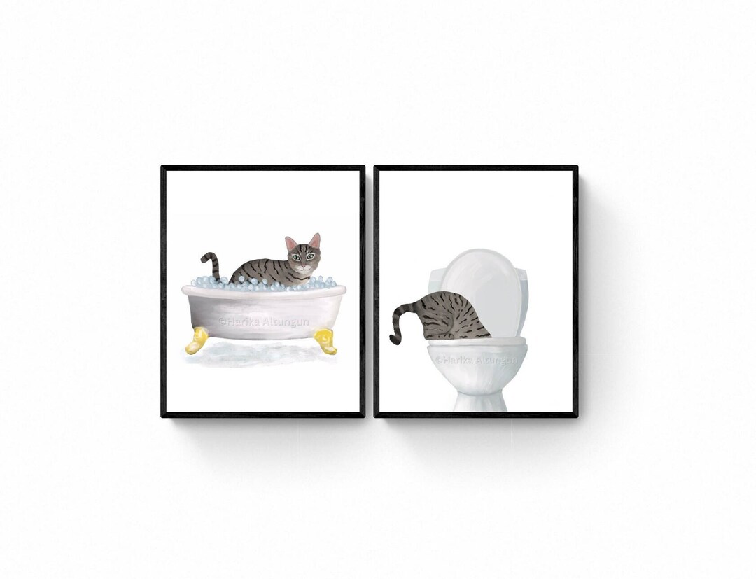 Set of 2 Gray Tabby Cat Bathroom Wall Art, Bathroom Wall Decor Set